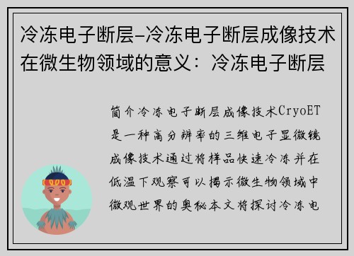 冷冻电子断层-冷冻电子断层成像技术在微生物领域的意义：冷冻电子断层：揭示微观世界的奥秘